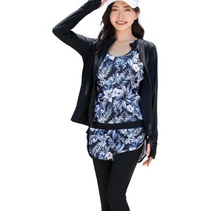 ラッシュガード レディース 水着 体型カバー セパレート 長袖 5点上下セット フィットネス水着（01 L）